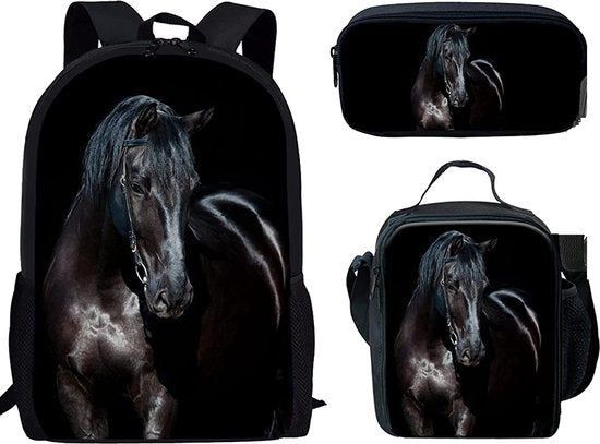 Zwart paard-rugzak- Kinder rugtas en Pennen Etui met een bijhorende lunchtas - Blauw Schooltas - 16 liter - 3 ritsvakken Merk: Wonderful 5,0/5 (1 review)