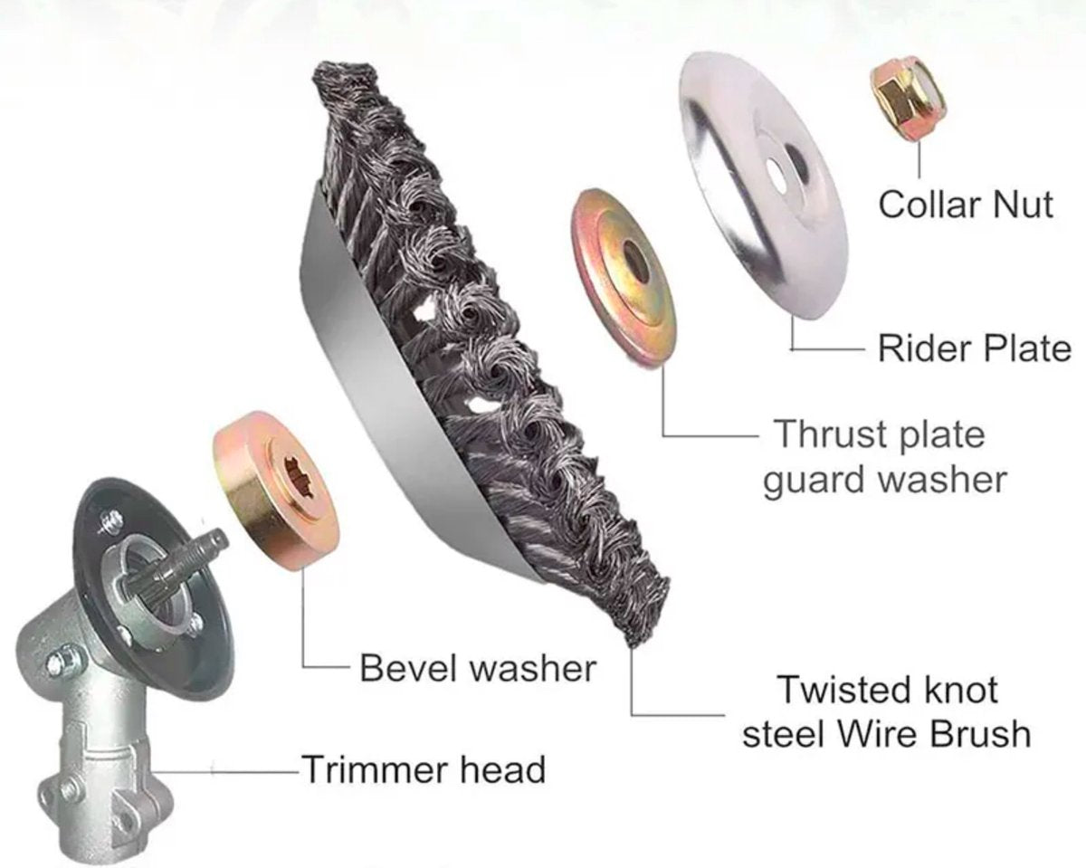 Universele onkruidborstel 2.0 voor Bosmaaier met 7-delige adapterset - 20CM - Max. Toerental 10.000 p/m - Staalborstel - Grastrimmer - Voegenborstel - Onkruidverwijderaar