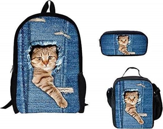 Denim Kat-rugzak- Kinder rugtas en Pennen Etui met een bijhorende lunchtas - Blauw Schooltas - 16 liter - 3 ritsvakken