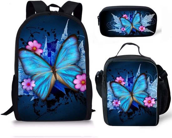 Vlinder-Butterfly-rugzak- Kinder rugtas en Pennen Etui met een bijhorende lunchtas - Blauw Schooltas - 16 liter - 3 ritsvakken