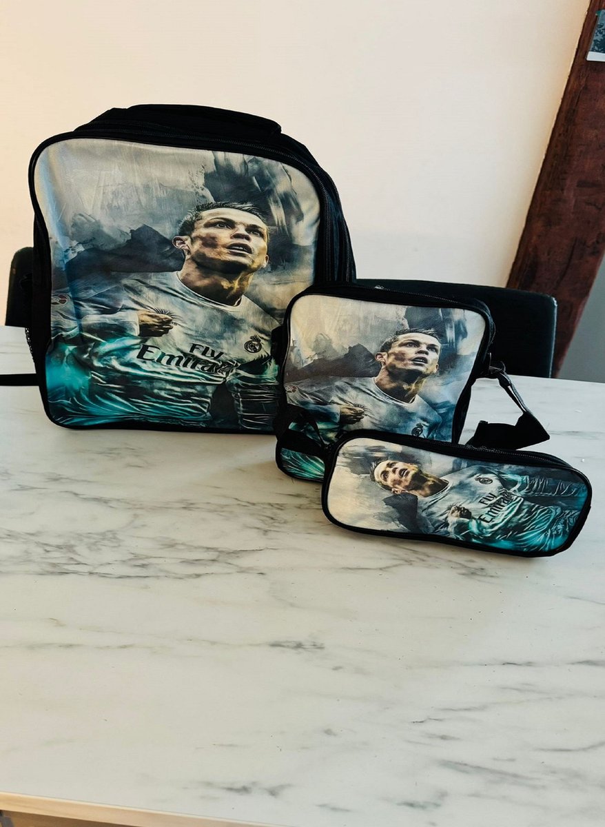 WonderStore© Ronaldo CR7-7- Kinder rugtas en Pennen Etui met een bijhorende lunchtas - Blauw Schooltas - Cadeau voor Ronaldo fans