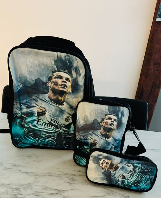 WonderStore© Ronaldo CR7-7- Kinder rugtas en Pennen Etui met een bijhorende lunchtas - Blauw Schooltas - Cadeau voor Ronaldo fans