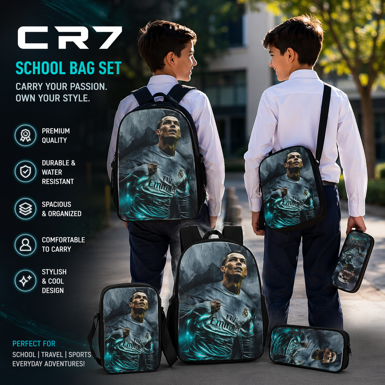 WonderStore© Ronaldo CR7-7- Kinder rugtas en Pennen Etui met een bijhorende lunchtas - Blauw Schooltas - Cadeau voor Ronaldo fans