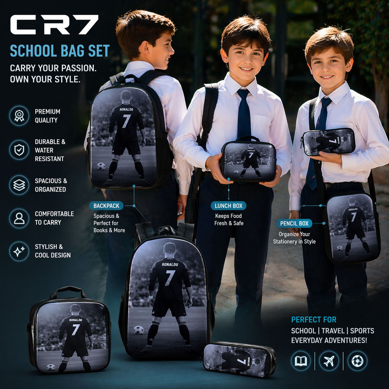 Ronaldo CR7-1- Kinder rugtas en Pennen Etui met een bijhorende lunchtas - Blauw Schooltas - Cadeau voor Ronaldo fans