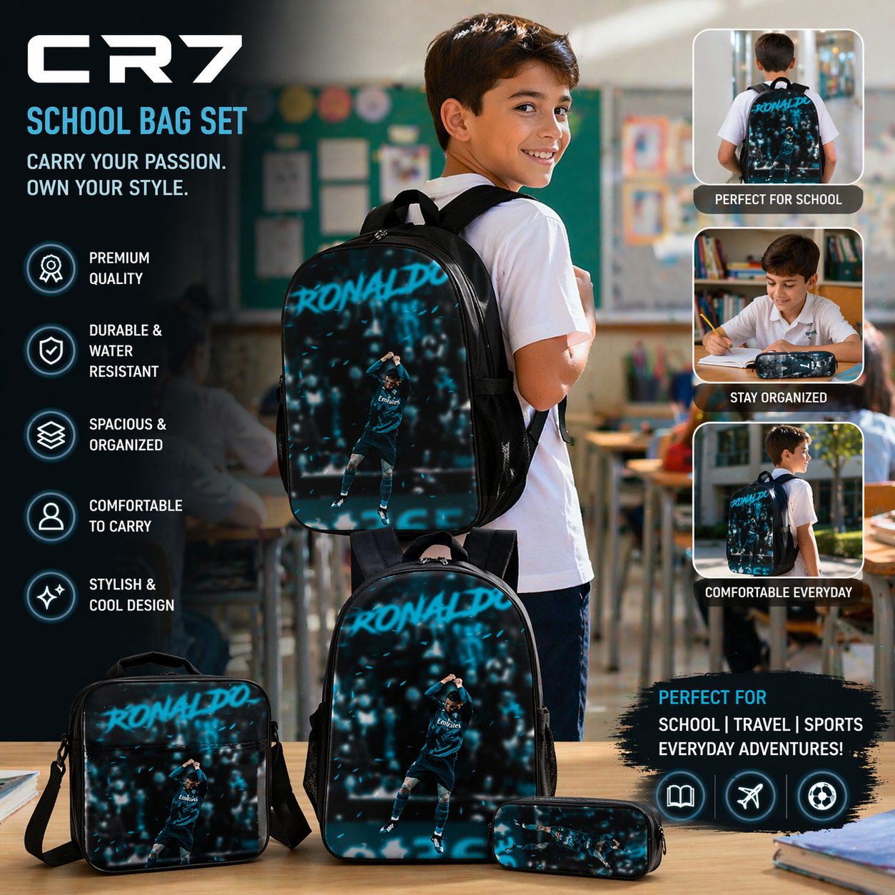 WonderStore© Ronaldo CR7-6- Kinder rugtas en Pennen Etui met een bijhorende lunchtas - Blauw Schooltas - Cadeau voor Ronaldo fans