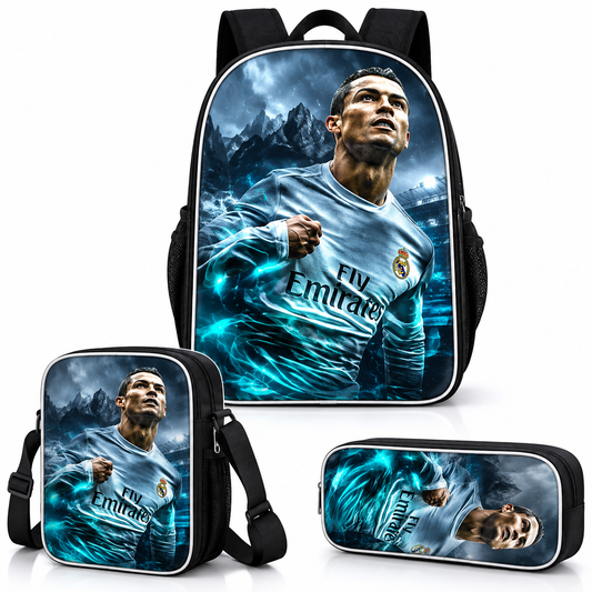 WonderStore© Ronaldo CR7-7- Kinder rugtas en Pennen Etui met een bijhorende lunchtas - Blauw Schooltas - Cadeau voor Ronaldo fans
