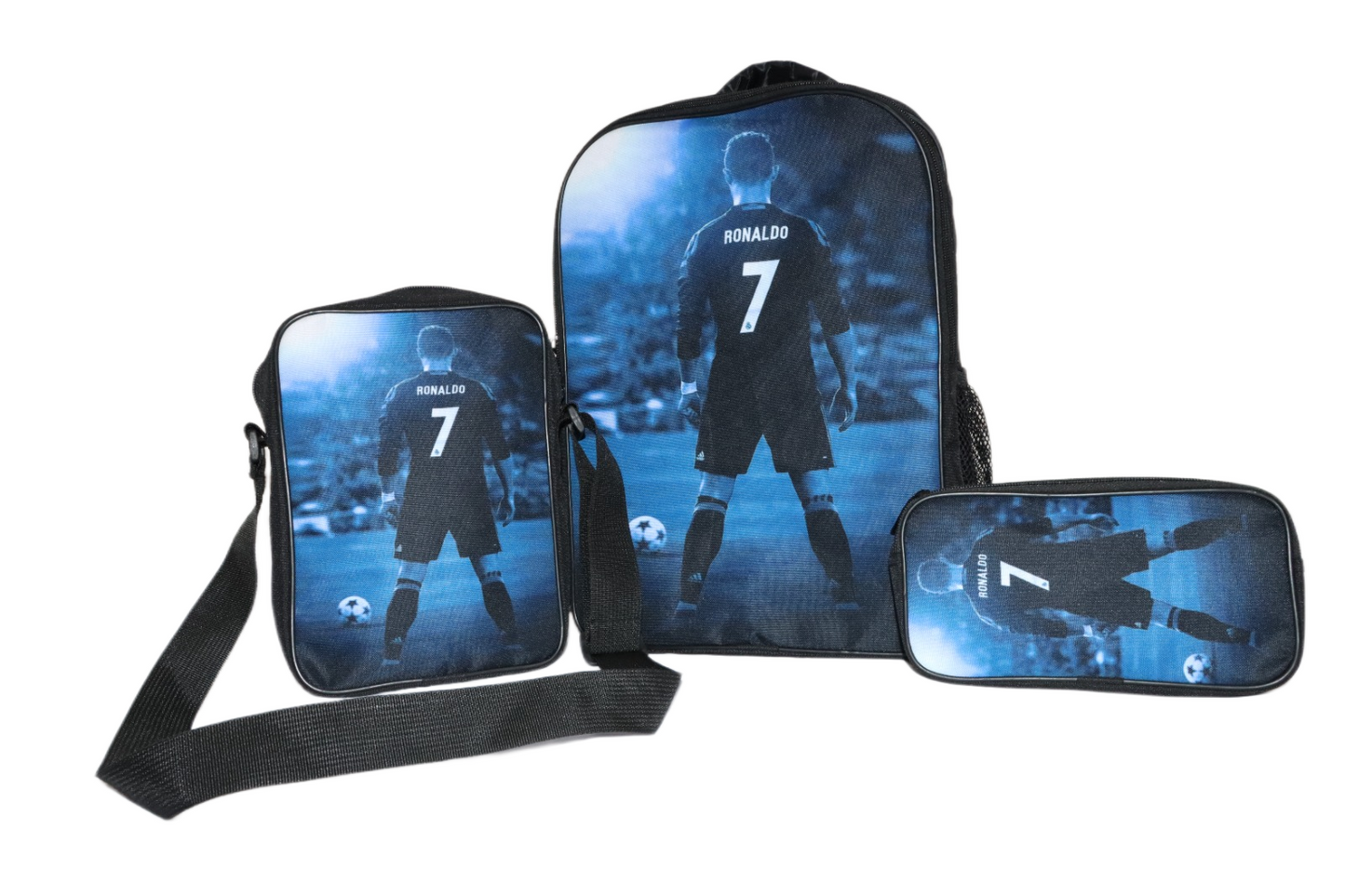 Ronaldo CR7-1- Kinder rugtas en Pennen Etui met een bijhorende lunchtas - Blauw Schooltas - Cadeau voor Ronaldo fans