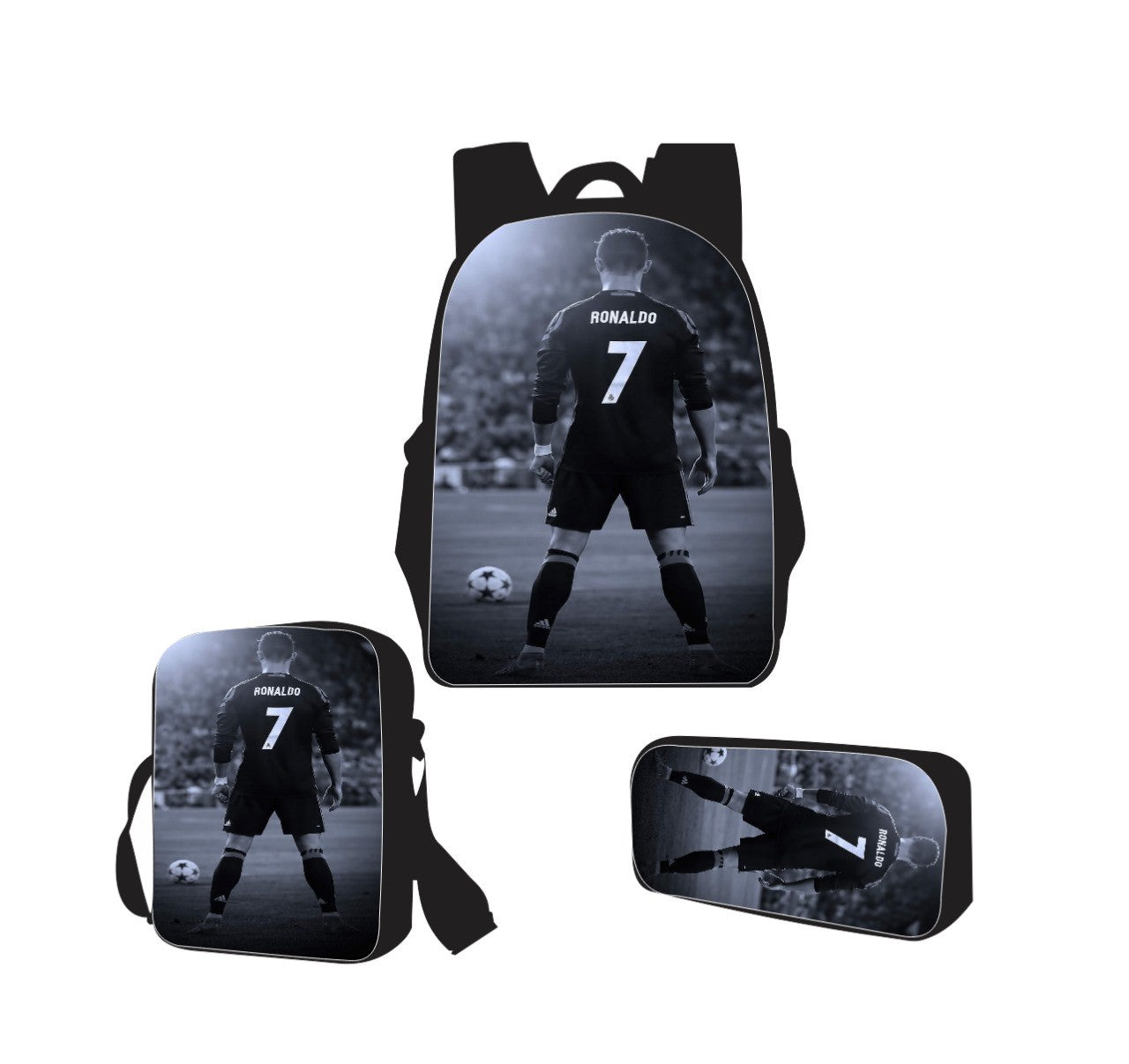 Ronaldo CR7-1- Kinder rugtas en Pennen Etui met een bijhorende lunchtas - Blauw Schooltas - Cadeau voor Ronaldo fans