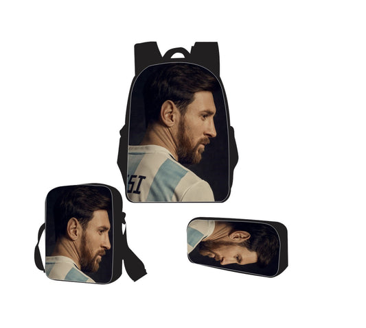 Messi- Kinder rugtas en Pennen Etui met een bijhorende lunchtas - Blauw Schooltas - Cadeau voor Messi fans